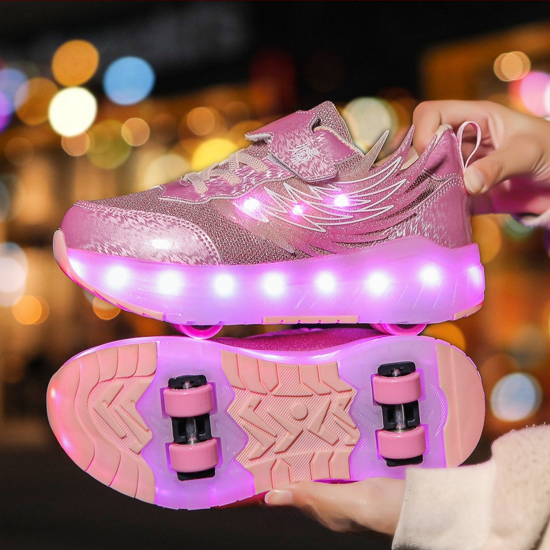 Štvorkolesové kolieskové tenisky pre deti, PU kolies, dvojradové kolies, unisex, LED krídlami