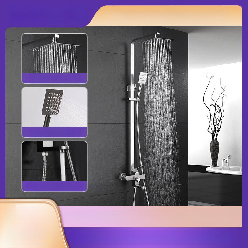 Nerezová oceľová sprchová súprava s nástenným montážou, dažďová hlavica a ručný sprchový, štvorcový tvar