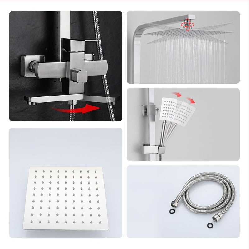 Nerezová oceľová sprchová súprava s nástenným montážou, dažďová hlavica a ručný sprchový, štvorcový tvar