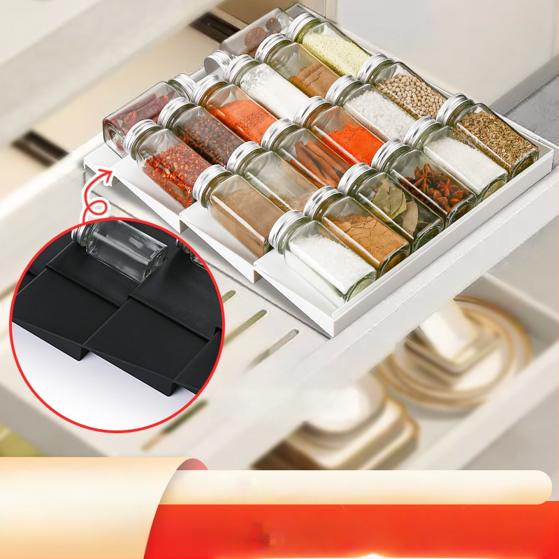 Stolný horizontálny stojan na koreniny, nastaviteľné rebríkové zásuvky, skladací (PP materiál, skladací, bez vŕtania, 2024)