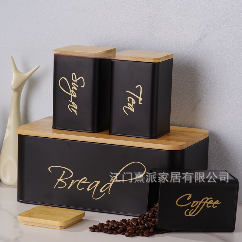 Štvordielny set kovových vzduchotesných kontajnerov s bambusovým viečkom na kuchynské skladovanie – guľatý tvar, kapacita nad 5 l