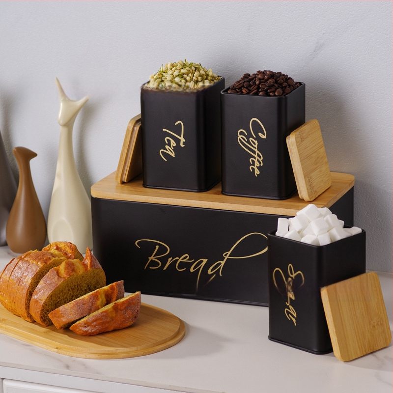 Štvordielny set kovových vzduchotesných kontajnerov s bambusovým viečkom na kuchynské skladovanie – guľatý tvar, kapacita nad 5 l