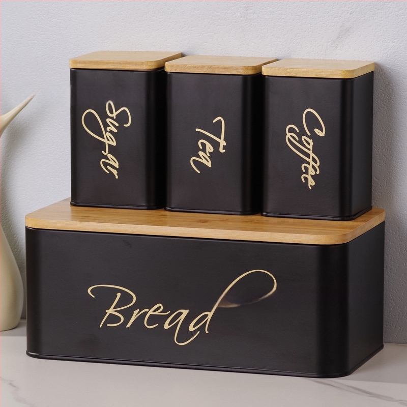 Štvordielny set kovových vzduchotesných kontajnerov s bambusovým viečkom na kuchynské skladovanie – guľatý tvar, kapacita nad 5 l