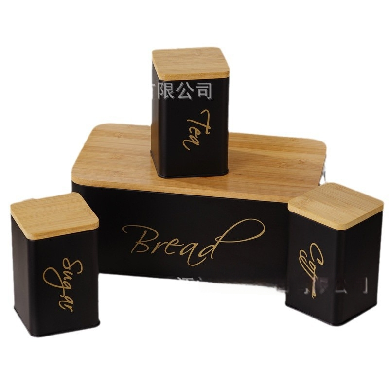 Štvordielny set kovových vzduchotesných kontajnerov s bambusovým viečkom na kuchynské skladovanie – guľatý tvar, kapacita nad 5 l