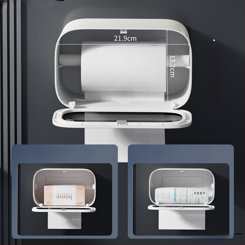 Stena montovaný zásobník toaletného papiera s vyťahovacím boxom, moderný minimalistický štýl, model elzjh03, materiály: PET panel/ram, ABS spodný plášť, magnet NdFeB, PVC valec