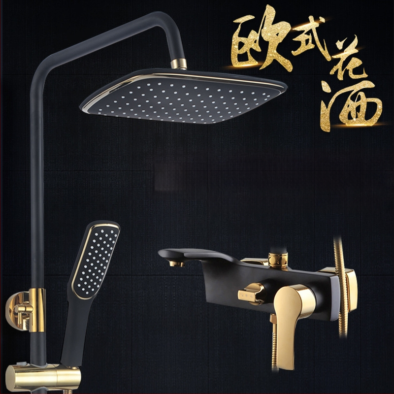 Meďový sprchový set v európskom starožitnom štýle, nástenná montáž, s funkciami postrekovania, sprcha a dážď, povrch s vypaľovaným náterom, prevádzková teplota do 90°C