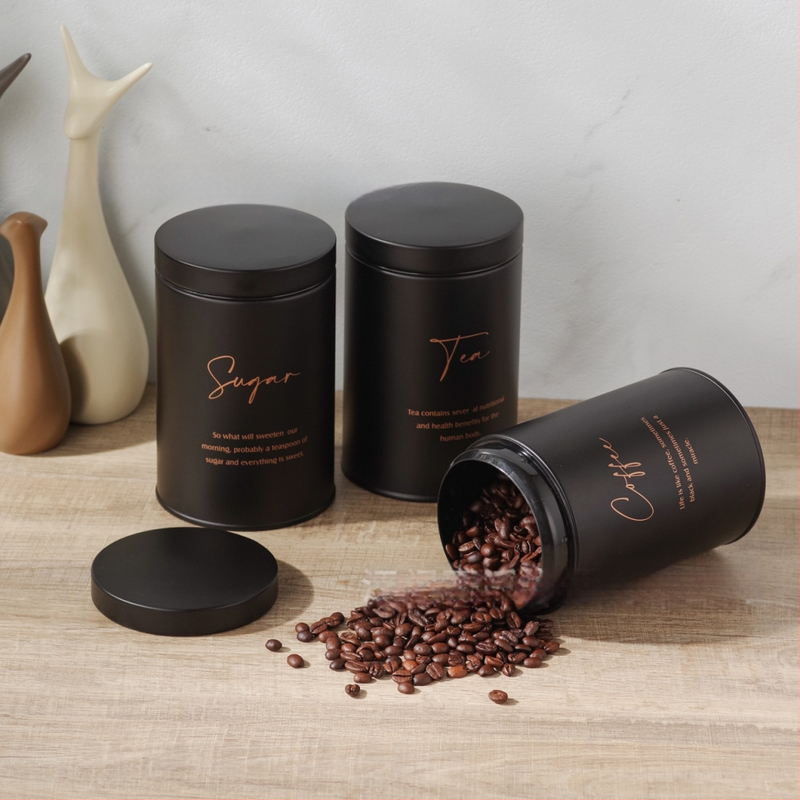 Kruhové pozinkované kovové nádoby na skladovanie — sada 10 kusov, objem 1–2 l, tesnené, na kávové zrná, čaj a cukor