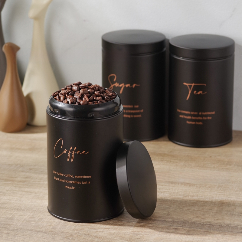 Kruhové pozinkované kovové nádoby na skladovanie — sada 10 kusov, objem 1–2 l, tesnené, na kávové zrná, čaj a cukor