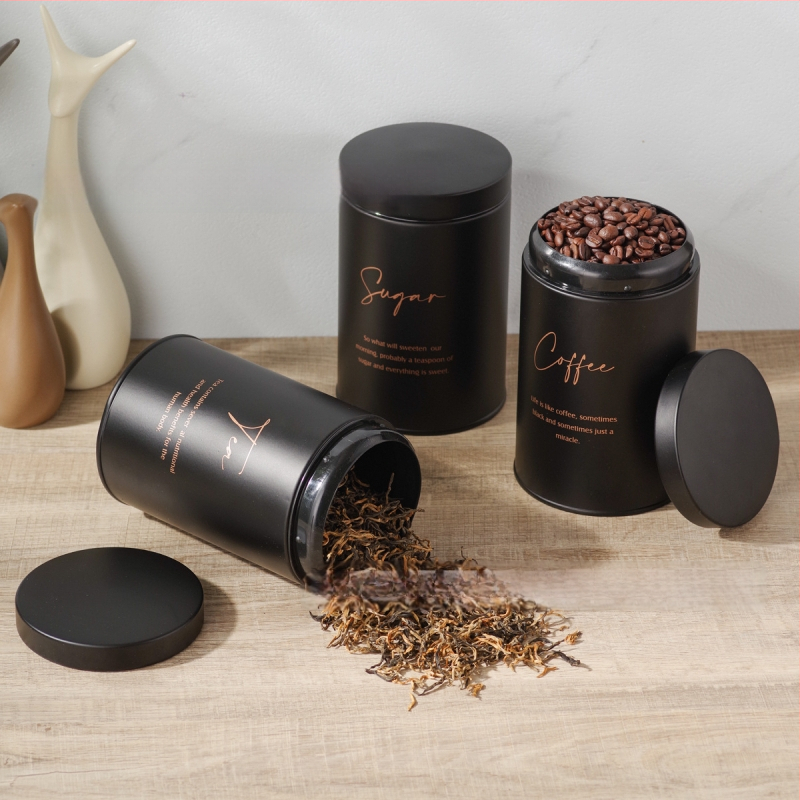 Kruhové pozinkované kovové nádoby na skladovanie — sada 10 kusov, objem 1–2 l, tesnené, na kávové zrná, čaj a cukor