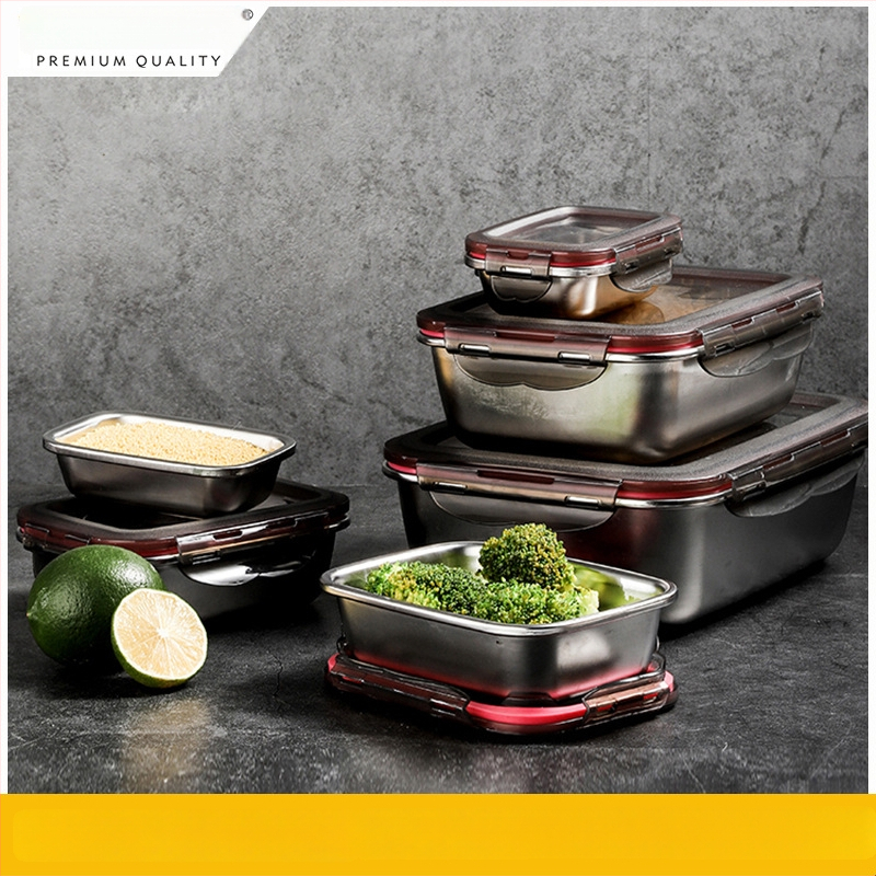 Prispôsobiteľná krabička na jedlo z 304 nehrdzavejúcej ocele, štvorcový tvar, uzavretá, udržiava čerstvosť, tlač loga je k dispozícii.