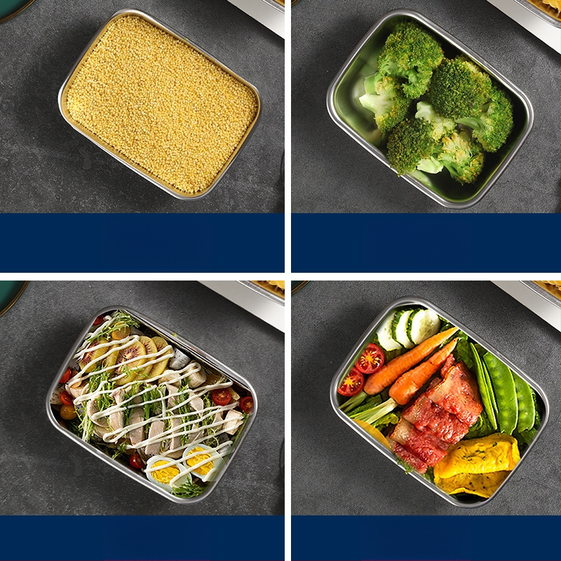 Prispôsobiteľná krabička na jedlo z 304 nehrdzavejúcej ocele, štvorcový tvar, uzavretá, udržiava čerstvosť, tlač loga je k dispozícii.