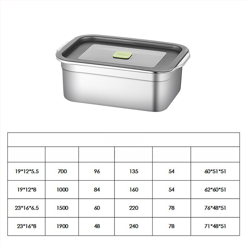 Prispôsobiteľná krabička na jedlo z 304 nehrdzavejúcej ocele, štvorcový tvar, uzavretá, udržiava čerstvosť, tlač loga je k dispozícii.