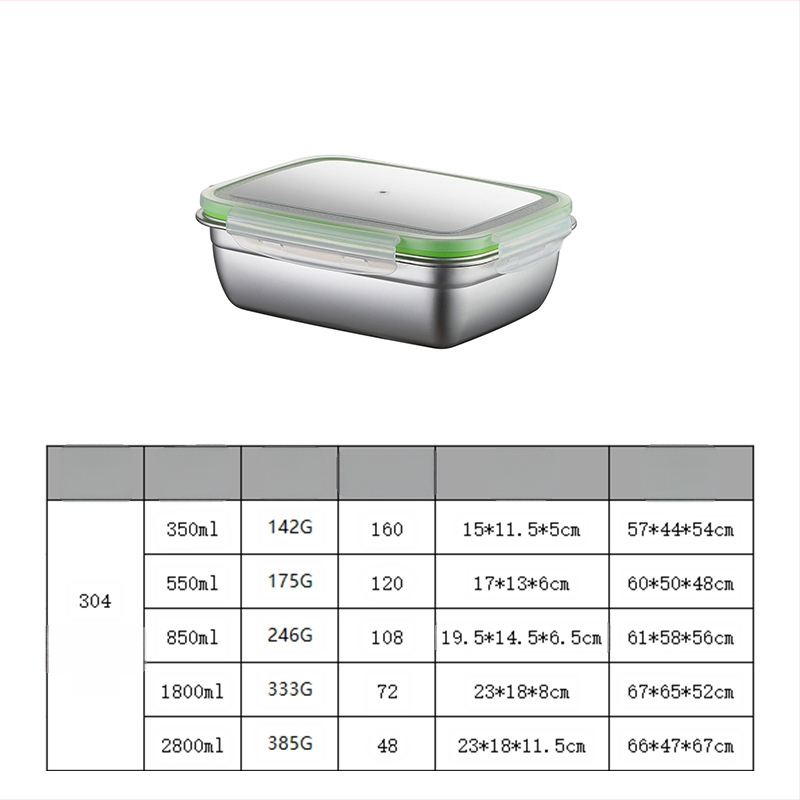 Prispôsobiteľná krabička na jedlo z 304 nehrdzavejúcej ocele, štvorcový tvar, uzavretá, udržiava čerstvosť, tlač loga je k dispozícii.