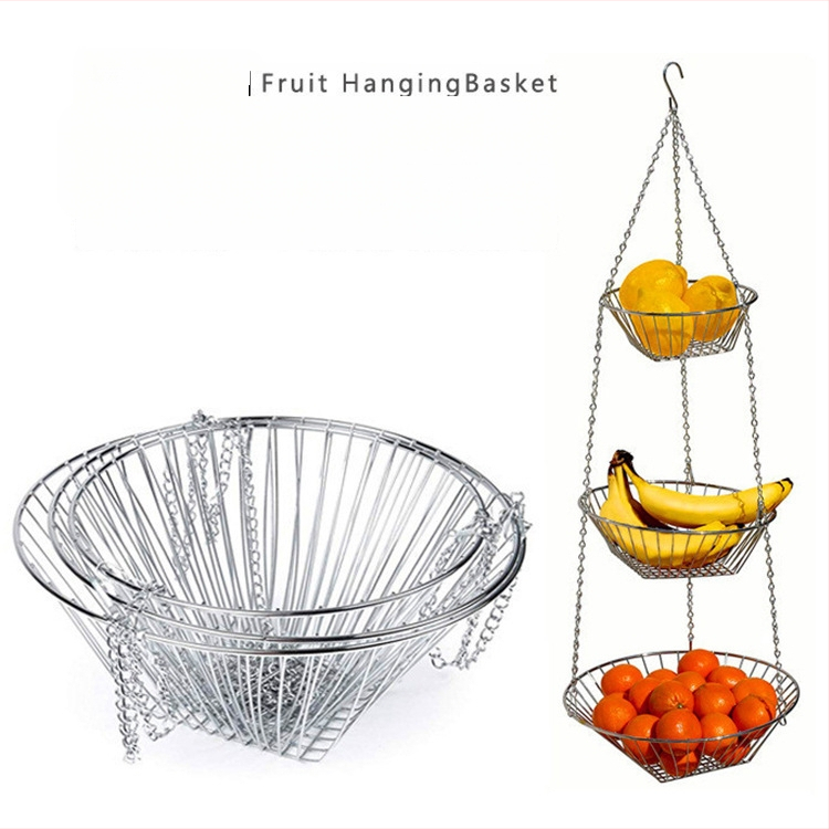 Trojlôrový kovový kôš na ovocie, visiaci, otvorený dizajn, skladací, moderný minimalistický štýl