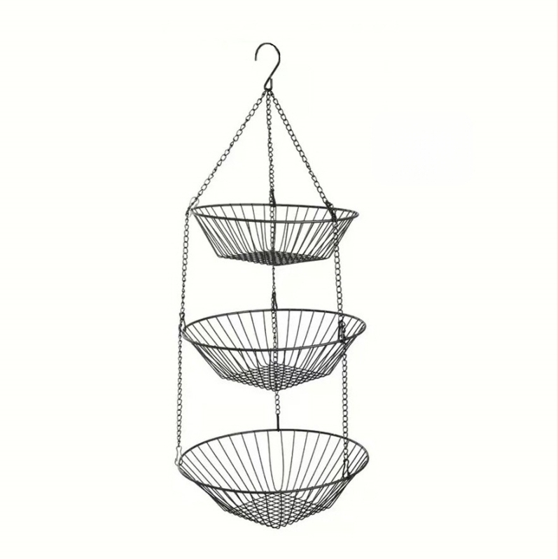 Trojlôrový kovový kôš na ovocie, visiaci, otvorený dizajn, skladací, moderný minimalistický štýl