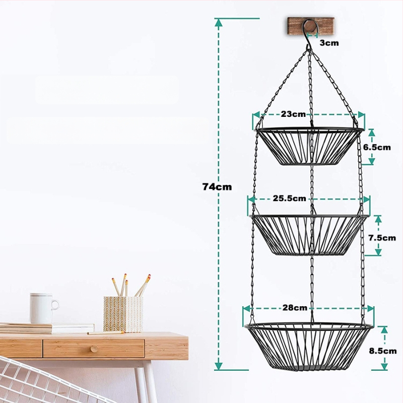 Trojlôrový kovový kôš na ovocie, visiaci, otvorený dizajn, skladací, moderný minimalistický štýl