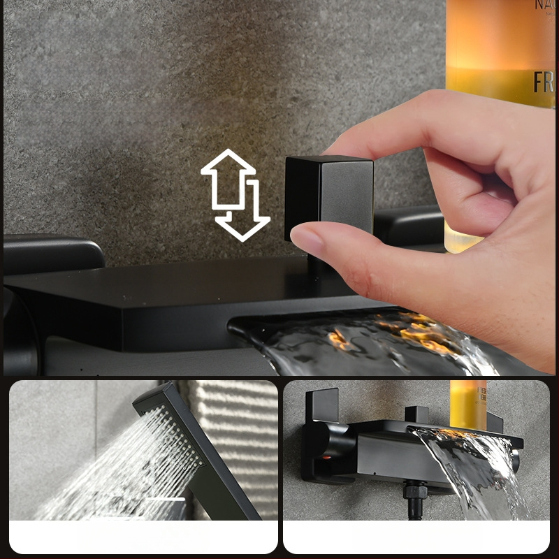 Meďový sprchový set s vodopádom, nástenný, dvojitá konštrukcia, keramický ventil, prevádzková teplota 0–90°C