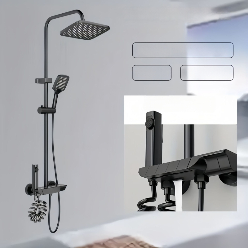 Sprchový set - meď, štvorcový tvar, nástenná inštalácia, chrómovaný povrch, digitálny displej teploty s konštantnou teplotou a dažďovým prúdom