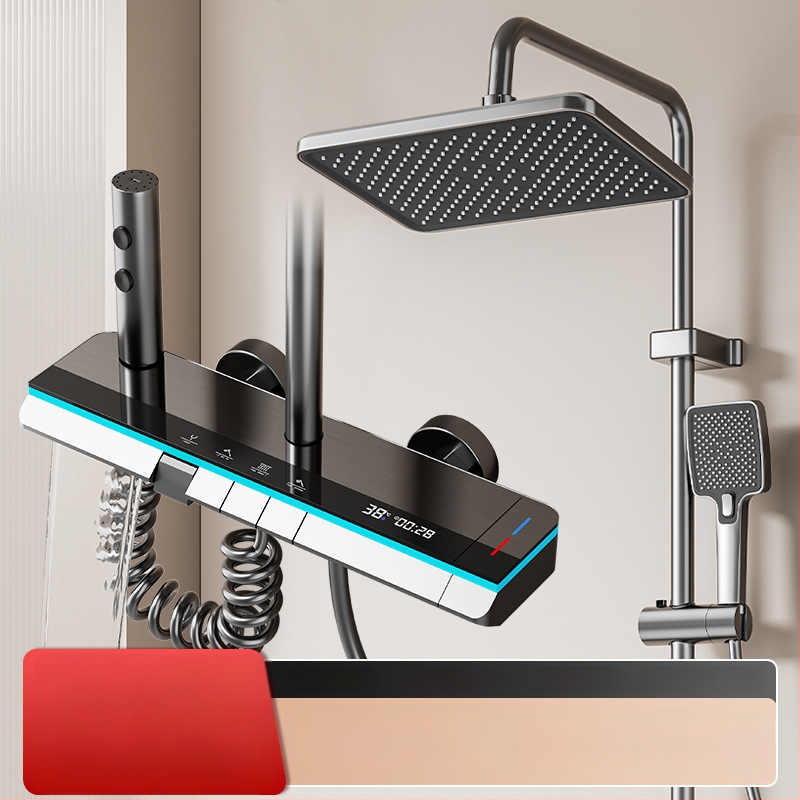 Meďový sprchový set, nástenná montáž, horná sprchová hlavica, regulácia teploty, LED osvetlenie s digitálnym displejom
