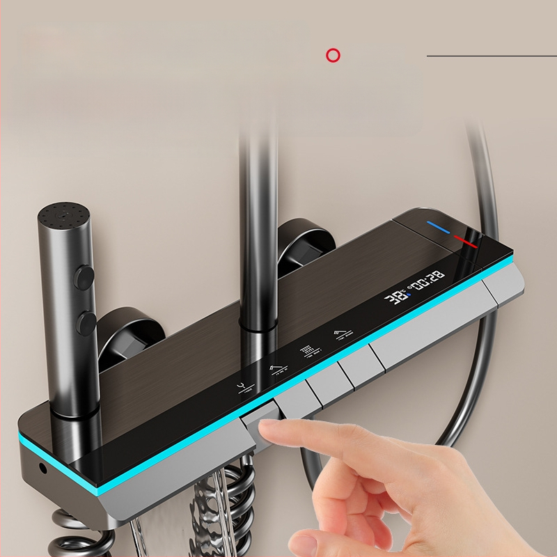 Meďový sprchový set, nástenná montáž, horná sprchová hlavica, regulácia teploty, LED osvetlenie s digitálnym displejom