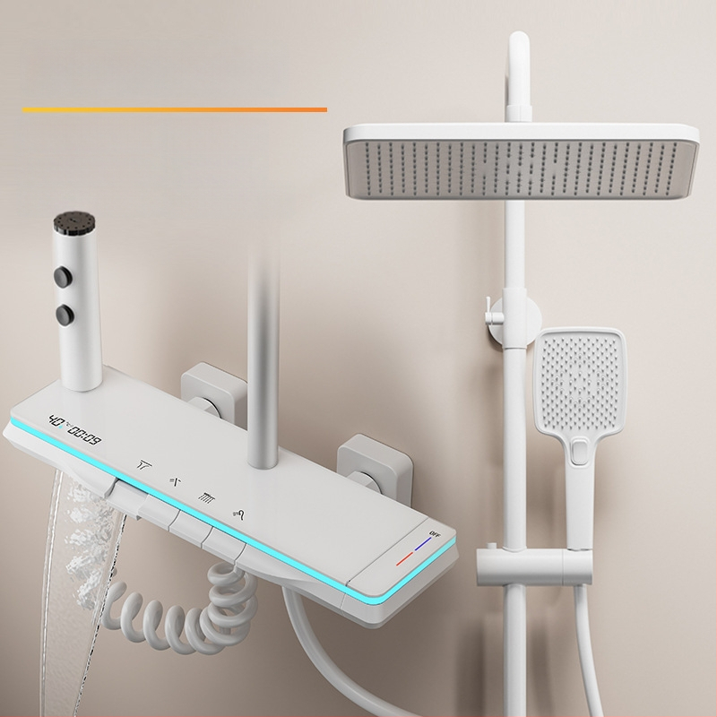 Meďový sprchový set, nástenná montáž, horná sprchová hlavica, regulácia teploty, LED osvetlenie s digitálnym displejom