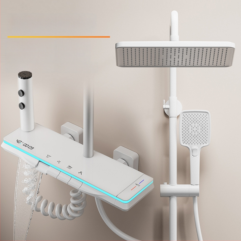 Meďový sprchový set, nástenná montáž, horná sprchová hlavica, regulácia teploty, LED osvetlenie s digitálnym displejom