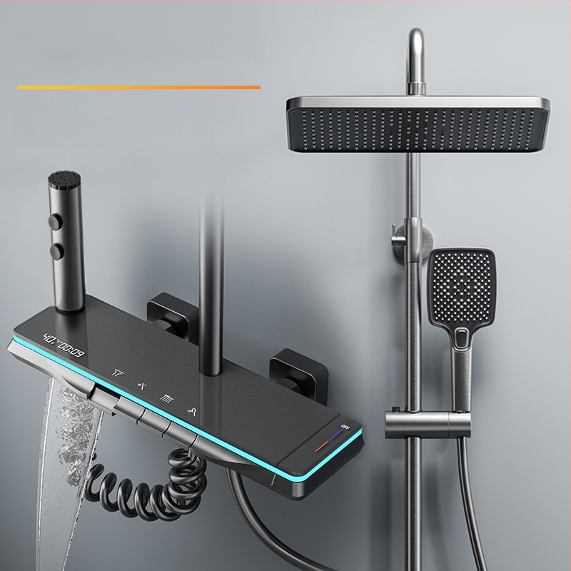 Meďový sprchový set, nástenná montáž, horná sprchová hlavica, regulácia teploty, LED osvetlenie s digitálnym displejom