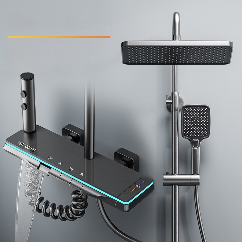 Meďový sprchový set, nástenná montáž, horná sprchová hlavica, regulácia teploty, LED osvetlenie s digitálnym displejom