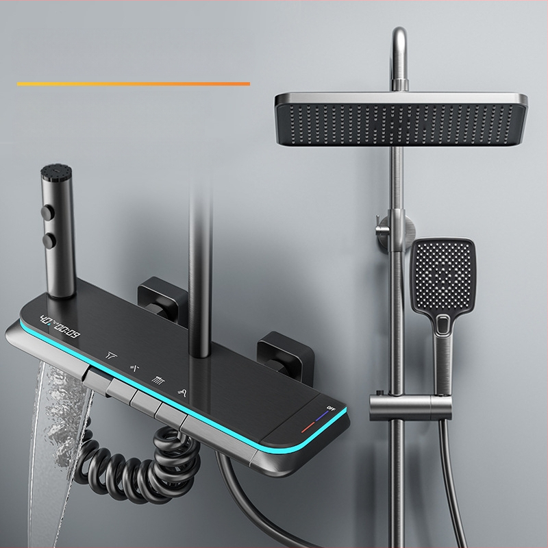 Meďový sprchový set, nástenná montáž, horná sprchová hlavica, regulácia teploty, LED osvetlenie s digitálnym displejom