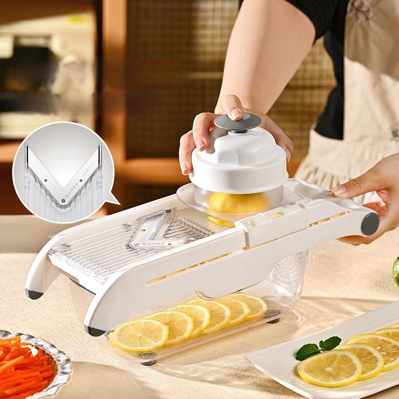 Viacúčelový krájač zeleniny pre domáce použitie s automatickou funkciou, nastaviteľná hrúbka zemiakov, krájač citróna a ovocia; plastový kuchynský nástroj