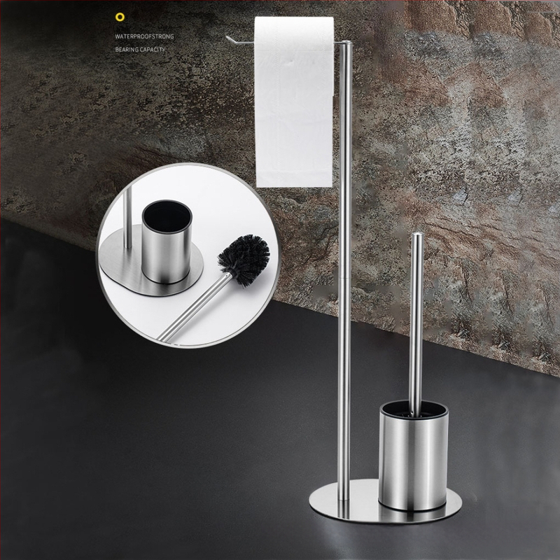 Nerezový držiak na kefu a toaletný papier, podlahový montáž, oválny tvar, brúsený povrch