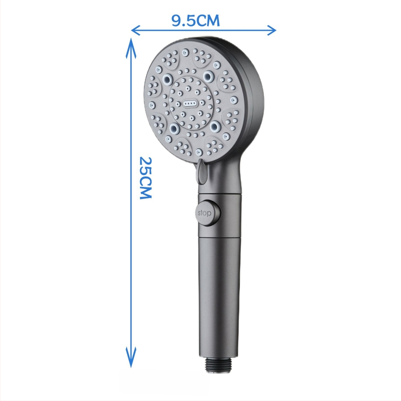 Prenosná sprchová hlavica z ABS, model C-2501, skrutkovacie upevnenie, okrúhly dizajn, moderný minimalistický štýl; funkcie: postrek, masáž, bublinky, dážď; prispôsobenie k dispozícii