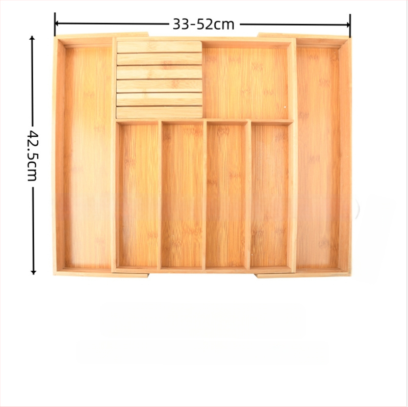 Bambusový organizér do kuchynskej zásuvky na riad s teleskopickým deličom — moderný minimalistický štýl, domáce použitie