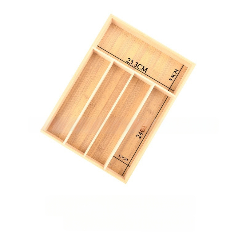 Bambusový organizér do kuchynskej zásuvky na riad s teleskopickým deličom — moderný minimalistický štýl, domáce použitie