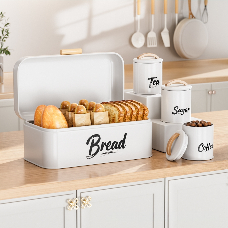 Box na skladovanie chleba so uzavretým viečkom, Kovovo umelecké prvky + drevo, Moderný minimalistický štýl, Personalizácia k dispozícii, Tlač loga povolená, Viacúčelové skladovanie