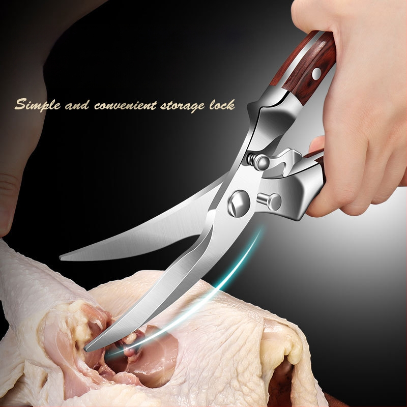 Viacfunkčné kuchynské nožnice na kosti kuracie s čepeľami z 430 nerezovej ocele a drevenou rúčkou, značka AKL, možnosť súkromného označenia, uvedenie na trh 2024