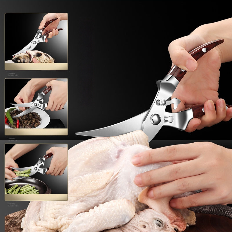 Viacfunkčné kuchynské nožnice na kosti kuracie s čepeľami z 430 nerezovej ocele a drevenou rúčkou, značka AKL, možnosť súkromného označenia, uvedenie na trh 2024