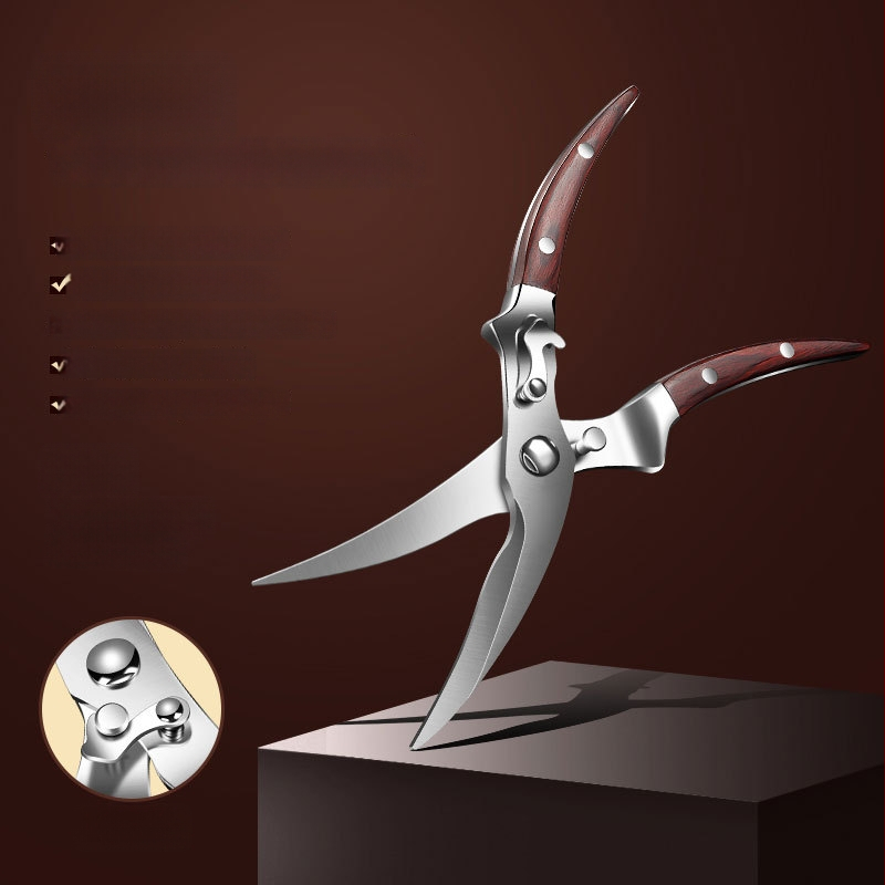 Viacfunkčné kuchynské nožnice na kosti kuracie s čepeľami z 430 nerezovej ocele a drevenou rúčkou, značka AKL, možnosť súkromného označenia, uvedenie na trh 2024