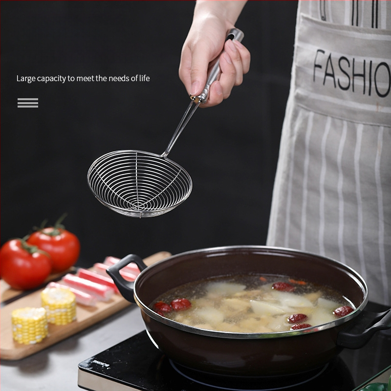 Pengxin 304 nerezová oceľ kuchynský nástroj na filtrovanie a vyprážanie — veľké sitko s olejovou mriežkou a lyžica na rezance