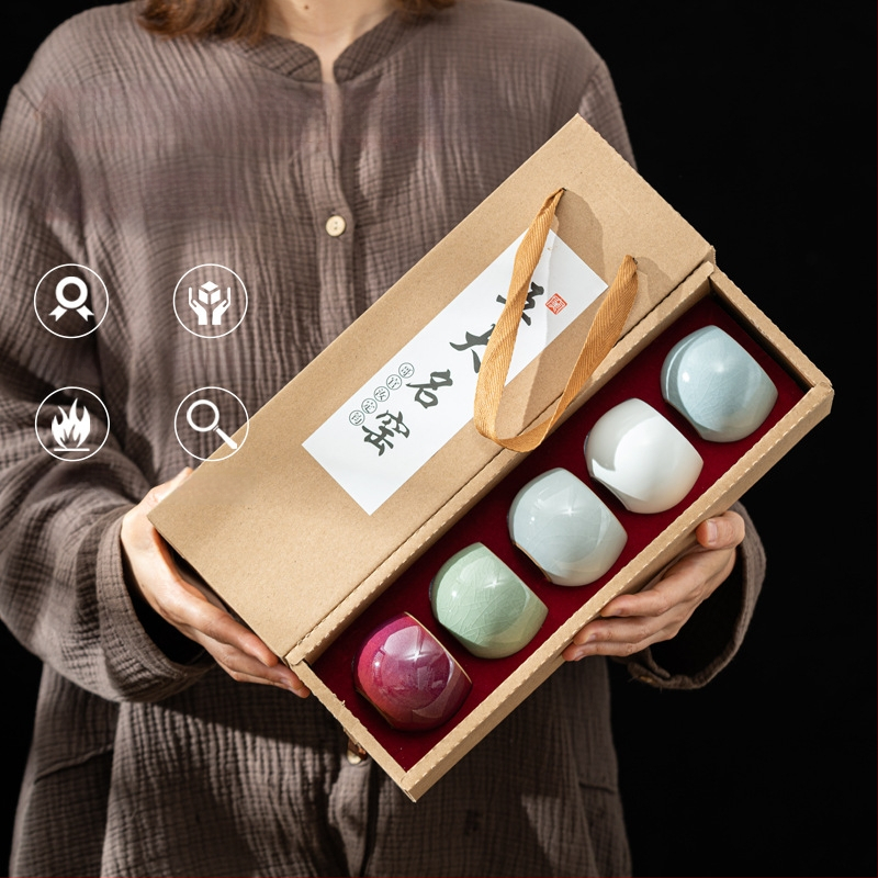 Set čajnih šalice od porculana Dehua, novi kineski stil, monohromna glazura, poklon kutija