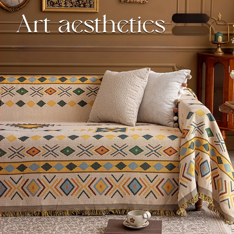 Poťah na sedačku v bohémskom štýle pre trojsedadový gauč, univerzálny na štyri ročné obdobia, kompletné prekrytie, abstraktný vzor, 100% Chenille