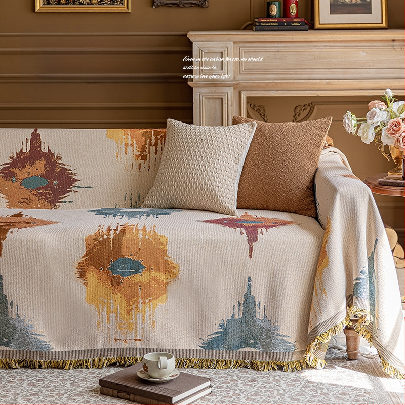 Poťah na sedačku v bohémskom štýle pre trojsedadový gauč, univerzálny na štyri ročné obdobia, kompletné prekrytie, abstraktný vzor, 100% Chenille