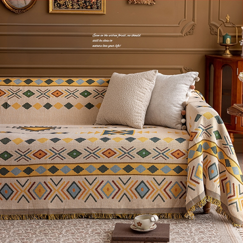 Poťah na sedačku v bohémskom štýle pre trojsedadový gauč, univerzálny na štyri ročné obdobia, kompletné prekrytie, abstraktný vzor, 100% Chenille