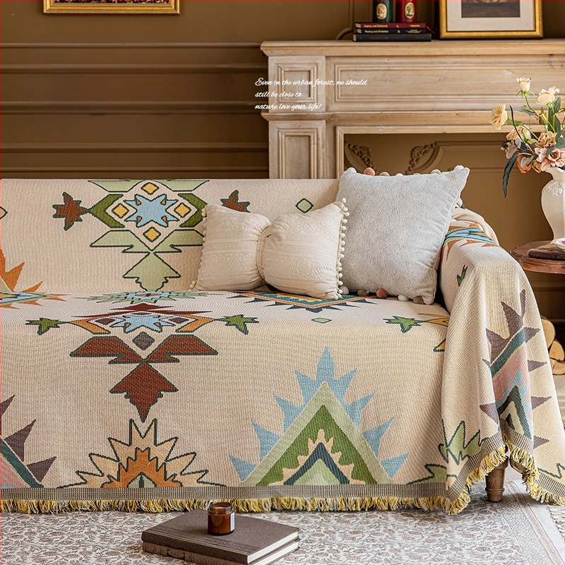 Poťah na sedačku v bohémskom štýle pre trojsedadový gauč, univerzálny na štyri ročné obdobia, kompletné prekrytie, abstraktný vzor, 100% Chenille