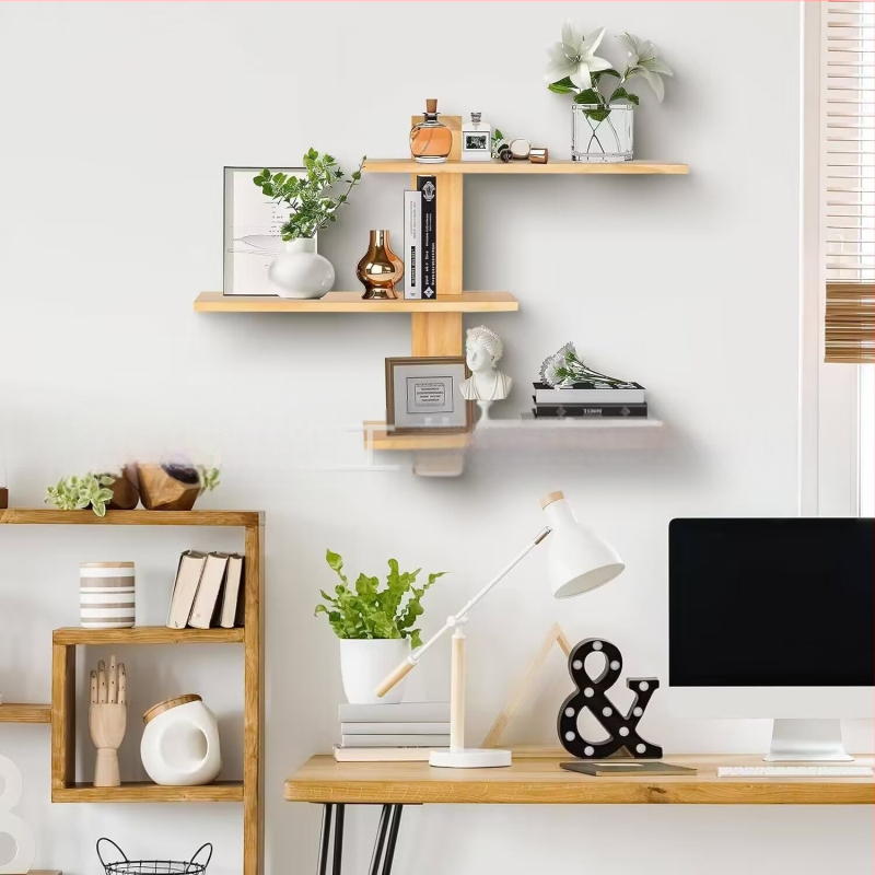 Stena upevnená drevená viacposchodová polica na skladovanie — moderný minimalistický štýl, vhodná pre rastliny a drobnosti (Drevo, Stena upevnenie, Viacposchodová, Moderný minimalistický štýl)