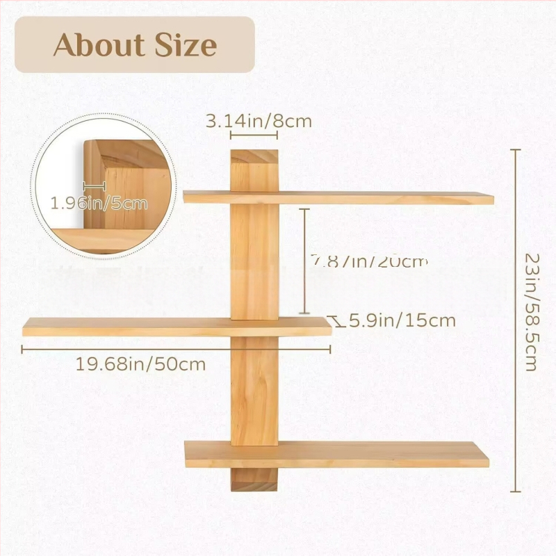 Stena upevnená drevená viacposchodová polica na skladovanie — moderný minimalistický štýl, vhodná pre rastliny a drobnosti (Drevo, Stena upevnenie, Viacposchodová, Moderný minimalistický štýl)