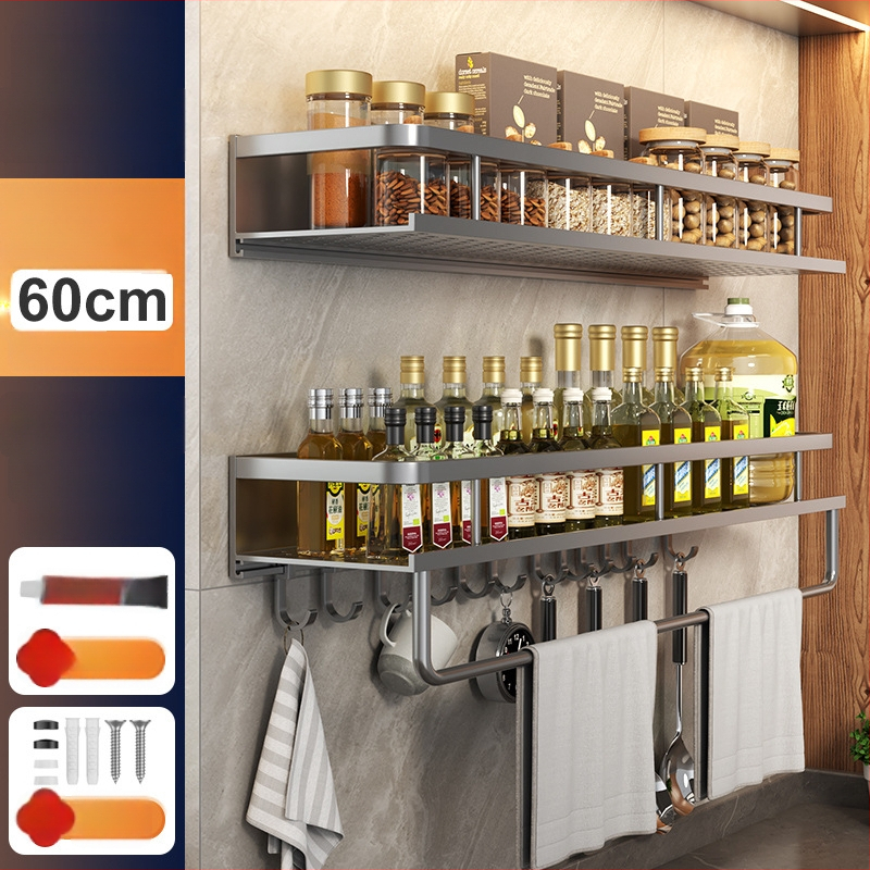 Kuchynský stenový regál zo Space hliníka, multifunkčný s držiakom na nože (bez montáže)