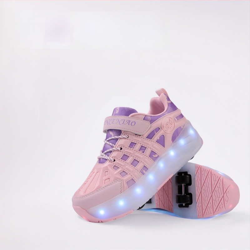 Detské rozťahovacie štvorkolové tenisky s USB nabíjateľnými LED svetlami, PU kolieska s dvojradovým usporiadaním