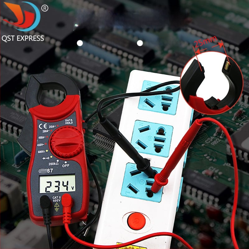 Digitálny svorkový multimetr merajúci napätie, prúd, odpor a kontinuitu so zvukovým signálom; značka QST EXPRESS; licencovaná súkromná značka.