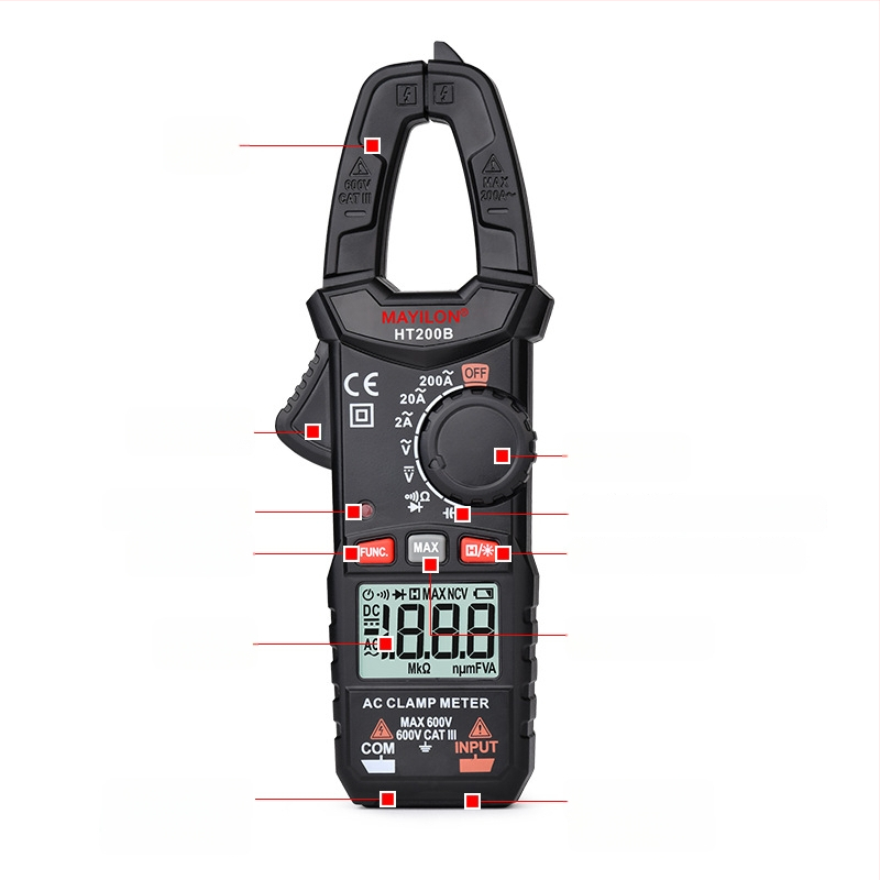 Mai Yilong digitálny klampmetr HT200A/HT200B: napätie 0–750 V, prúd do 600 A, odpor 40 mΩ, otvor čeľuste 25 mm